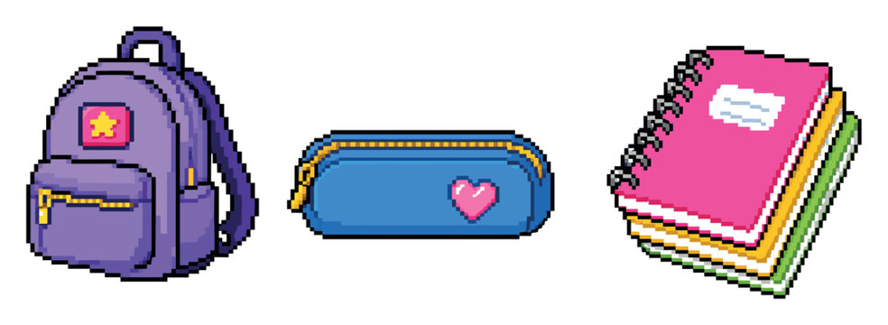 Pixel art school supplies set including purple backpack with star patch, blue pencil case with pink heart, and stack of colorful spiral notebooks