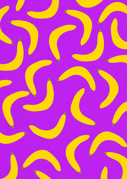 A yellow cartoon banana pattern covers a bright purple background