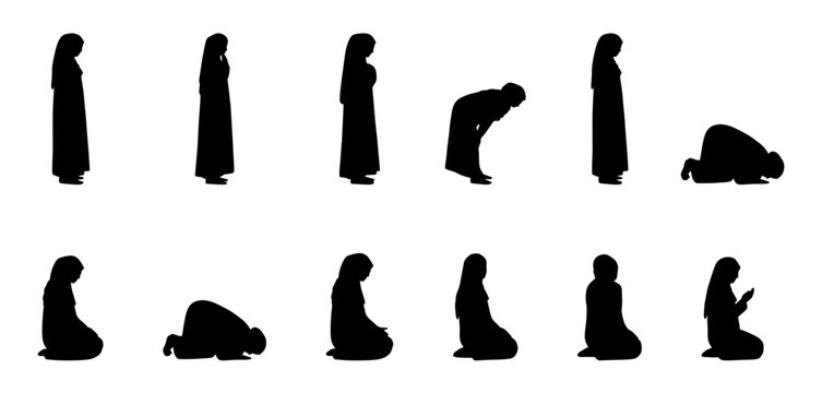 Muslim woman prayer steps silhouette vector set, female salah poses collection