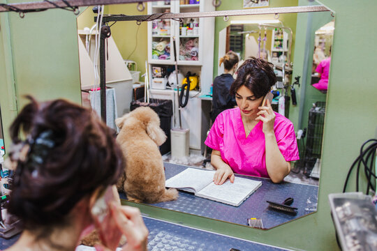 Woman pet groomer talks on smartphone beside poodle in salon