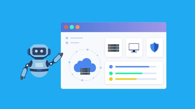 Flat vector illustration of a robot assistant beside a cloud security dashboard with folders, charts, monitor, and shield icons, representing secure cloud management and automation.