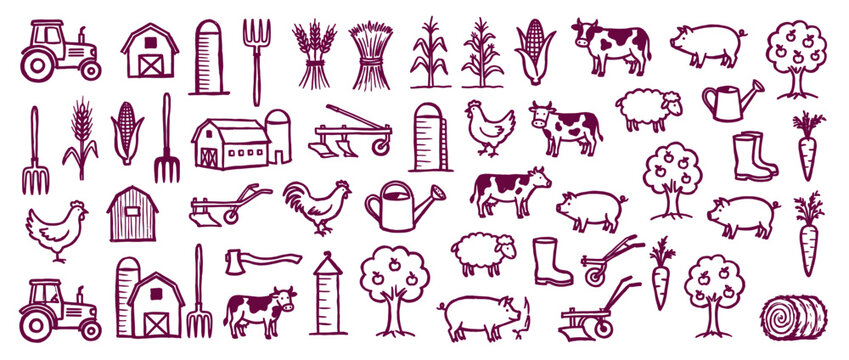 Agriculture and farming hand drawn doodle icons featuring tractor barn cow pig sheep chicken crops and tools in a rustic sketch style