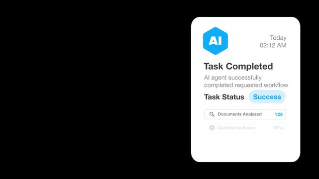 AI agent task completion notification confirms automated workflow, documents analyzed, confidence score and report generation. Agentic ai alpha channel, transparent background and copy space overlay.