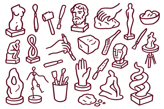 Sculpture and pottery tools vector line icons featuring clay modeling equipment, chisels, hammers, busts, and abstract statues for artistic design concepts
