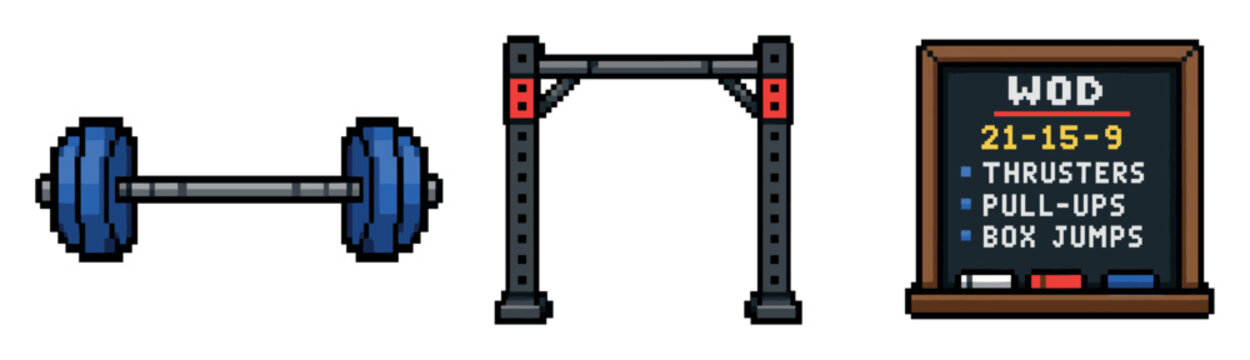 Pixel art fitness equipment set featuring a heavy barbell with blue weight plates, a black metal pull-up rig, and a wooden chalkboard displaying a workout of the day routine