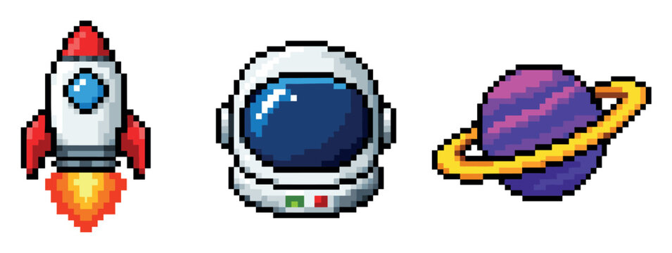 Pixel art space icons set featuring a rocket ship blasting off, an astronaut helmet, and a ringed planet for retro video game design