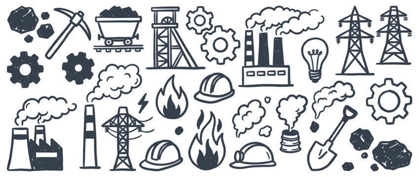 Hand drawn industrial doodle icons set featuring coal mining equipment factory chimneys power lines gears and safety helmets in a sketchy vector style