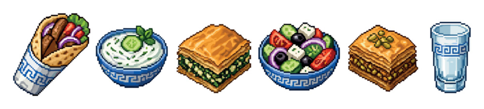 Greek food pixel art set featuring gyro wrap, tzatziki sauce, spanakopita, greek salad, baklava, and a glass of ouzo in a retro 8-bit game style
