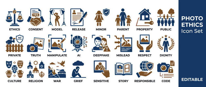 Photo Ethics Icon Set: Law, Privacy, AI, War, Culture, Family, Property, Respect