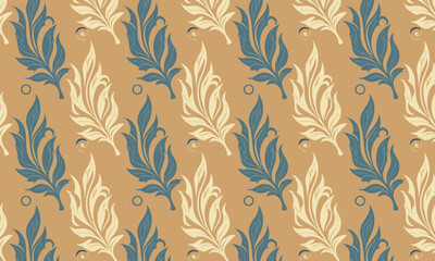 Fototapeta premium Elegant Floral Feather Leaf Seamless Vector Pattern on Golden Beige Background