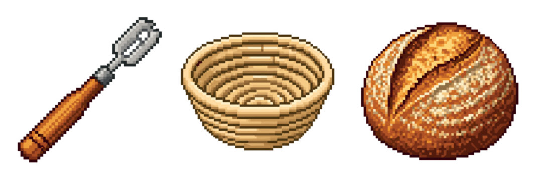 Sourdough bread baking tools and loaf set including a scoring lame with wooden handle, a round rattan proofing basket, and a freshly baked crusty boule in pixel art style