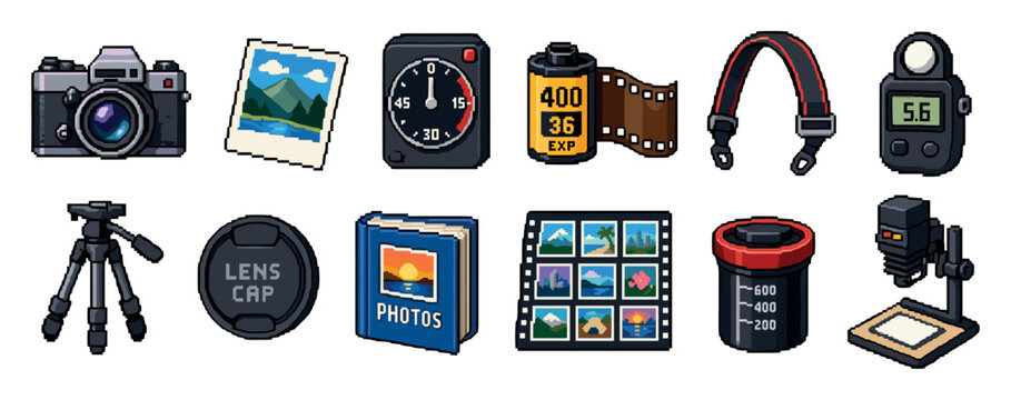 Pixel art photography equipment and darkroom tools featuring a vintage camera film roll tripod light meter photo album and enlarger