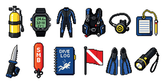 Scuba diving equipment pixel art icon set including oxygen tank, dive computer, wetsuit, buoyancy compensator, regulator, slate, knife, buoy, logbook, flag, fins, and flashlight