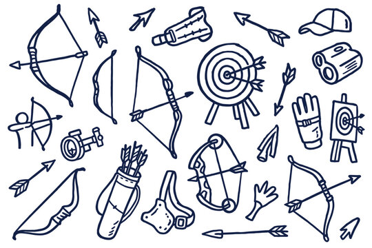 Archery equipment and bow hunting gear doodles featuring traditional bows, arrows, targets, quivers, and shooting accessories in a hand-drawn vector style
