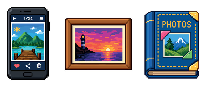 Pixel art icons of a smartphone displaying a landscape photo, a framed picture of a sunset with a lighthouse, and a blue photo album book