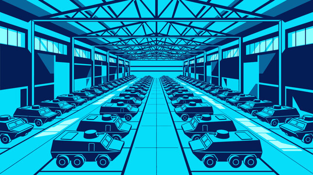 Interior of military logistics hangar with rows of armored vehicles vector illustration