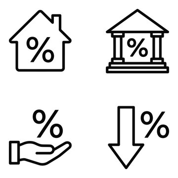Four icons showing percentage signs on house, bank, hand, and downward arrow