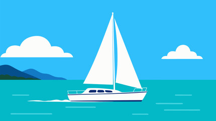 Fototapeta premium Elegant white sailboat gliding across calm turquoise sea under clear blue sky with fluffy clouds, minimalist vector illustration perfect for nautical travel and summer leisure designs.