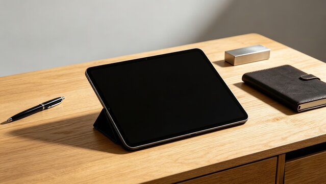 Tablet with black blank screen leather notebook metallic pen light oak office desk natural daylight workspace mockup