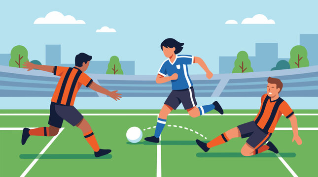 Dynamic vector illustration of a soccer midfielder threading a precise pass between two sliding defenders in a bright stadium, capturing speed, teamwork, strategy, and competitive match action