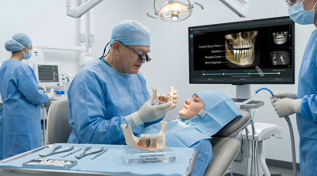 Dentist holding a model of human jaw with dental implant