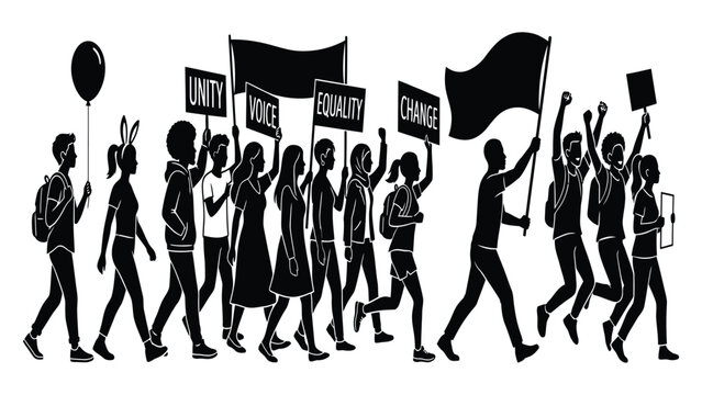Protest march participants carry signs and banners to demand social justice and equality.