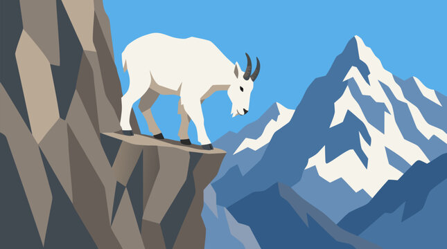 Sure footed white mountain goat balancing on a narrow rocky alpine ledge, dramatic snow capped peaks and blue sky in a clean geometric vector wilderness adventure illustration artwork
