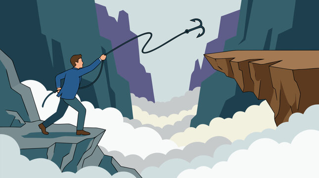 Determined executive throwing a grappling hook toward a high ledge above rolling fog, bold business ambition vector illustration of opportunity, upward mobility, problem solving, and vision