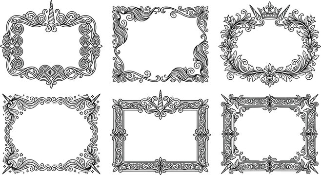 Set of decorative vintage frames with unicorn horns and floral elements transparent background