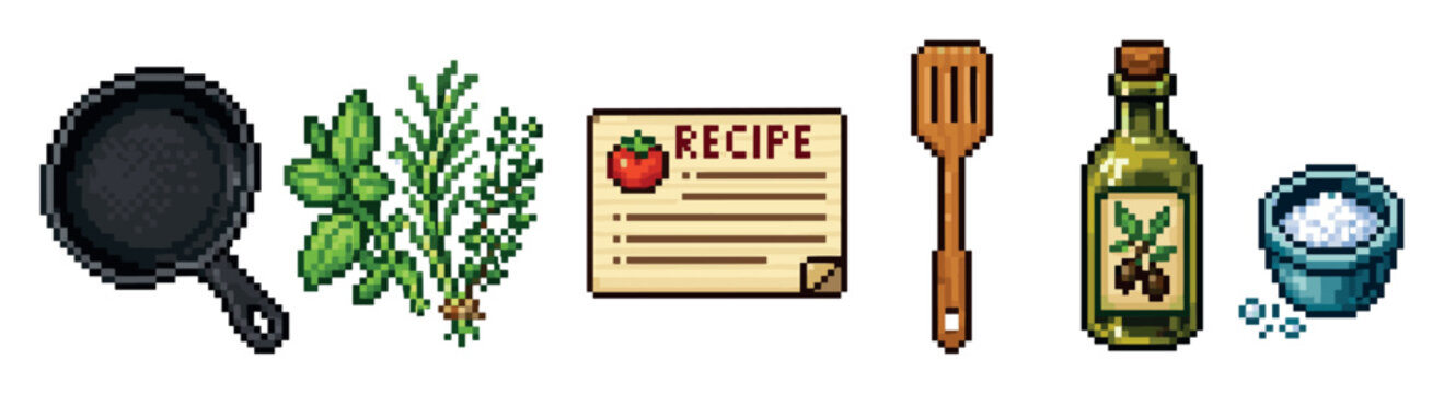 Pixel art cooking ingredients and kitchen tools including a frying pan, fresh herbs, recipe card, wooden spatula, olive oil bottle, and salt bowl