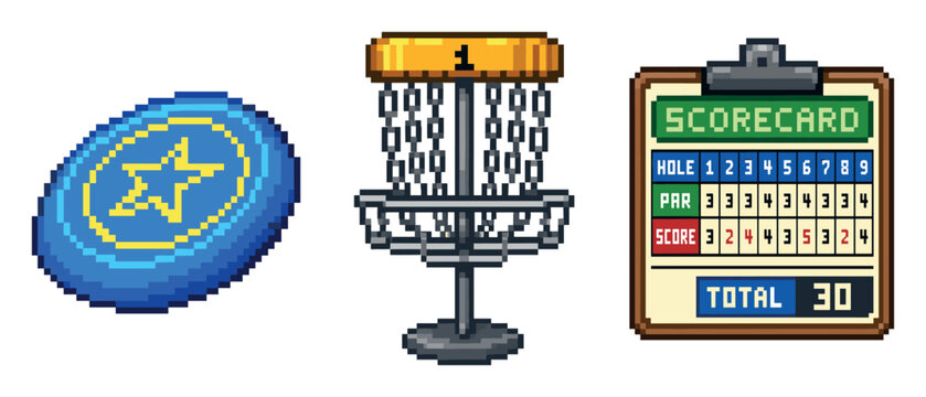 Disc golf pixel art set featuring a blue flying disc with a yellow star, a metal chain target basket, and a detailed clipboard scorecard