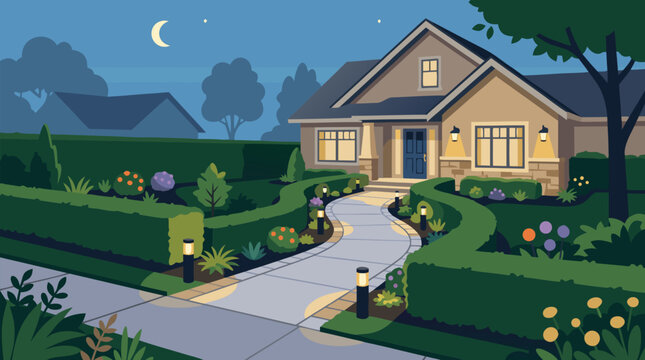 Elegant suburban home at night with curved front walkway, trimmed hedges, flower beds and glowing garden lights, polished vector landscape design for curb appeal and welcoming real estate