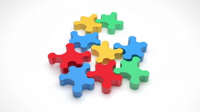 Colorful geometric puzzle pieces slowly assembling into a simple abstract shape symbolizing learning and problem solving, clean white background, minimal elements, top-down locked camera