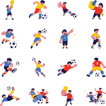 Flat soccer illustrations showing trophies, dribbling, crosses, referee actions, rebounds, headers, tactical plays, player skills, bicycle kicks, fouls, and yellow card moments. 

