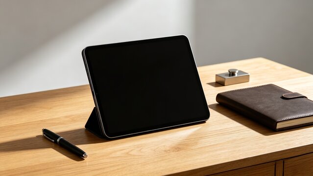 Tablet with black blank screen leather notebook metallic pen wooden office desk natural soft window light workspace mockup