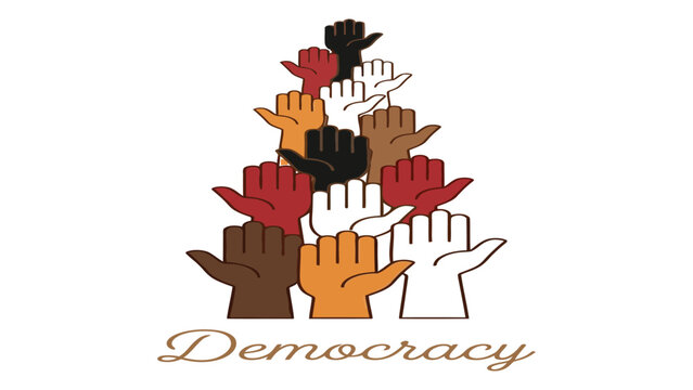 Hands of various skin tones form a vertical pyramid to represent global unity and democracy.