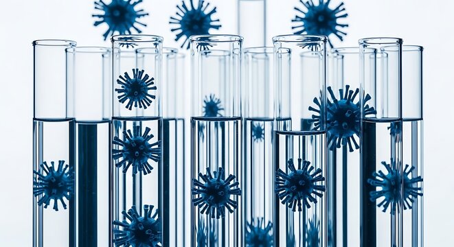 Glass test tubes containing liquid and stylized virus representations floating within