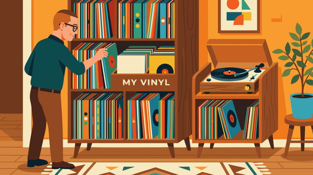 Vintage vinyl collector organizing colorful records beside a wooden turntable cabinet in cozy retro music room, nostalgic analog audio hobby illustration for playlists, record shops and home decor