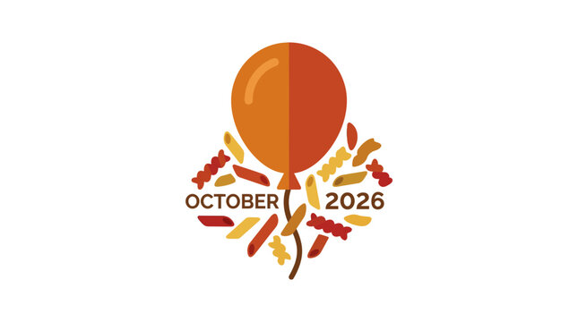 A festive graphic featuring a balloon surrounded by various types of pasta shapes for October 2026.