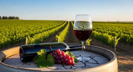 Fototapeta premium Glass of red wine and bottle on a wooden barrel in a vineyard.