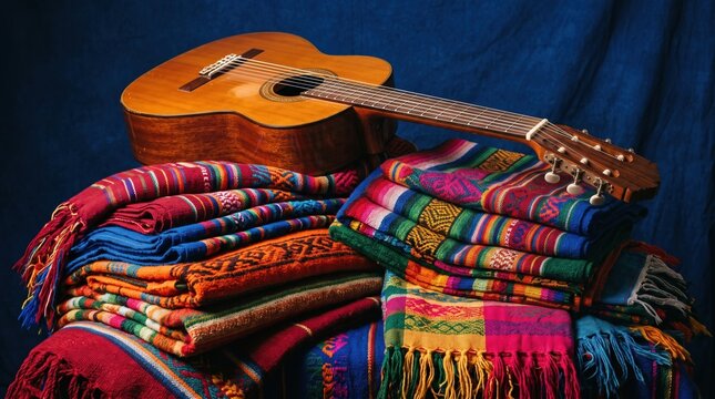 A classical acoustic guitar rests on a stack of colorful striped woven blankets against a deep blue background, celebrating traditional craftsmanship and music.