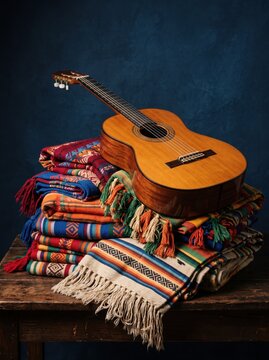 A classical acoustic guitar rests on a stack of colorful striped woven blankets against a deep blue background, celebrating traditional craftsmanship and music.