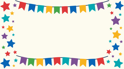 Obraz premium Colorful party banner border with hanging pennant flags and scattered stars framing a clean open center, cheerful vector template for birthdays, festivals, classrooms, invitations and celebrations