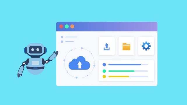 Flat vector illustration of a robot assistant beside a cloud settings dashboard with upload, folder, gear, and chart icons, representing cloud management, automation, and digital technology.