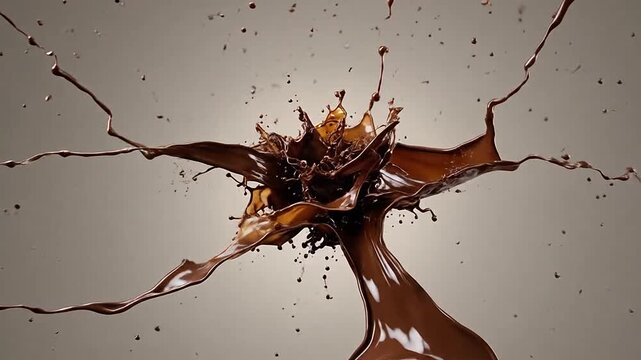 A dynamic splash of liquid chocolate against a neutral background