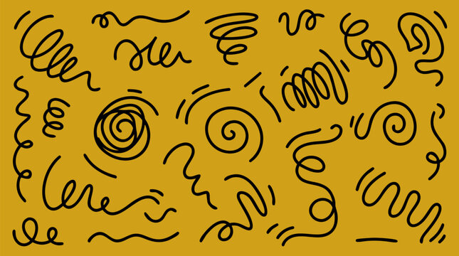 Hand drawn black squiggle doodle pattern on warm mustard yellow background, playful abstract line spirals, waves and loops for vector wallpaper, packaging, textile, poster or social media design