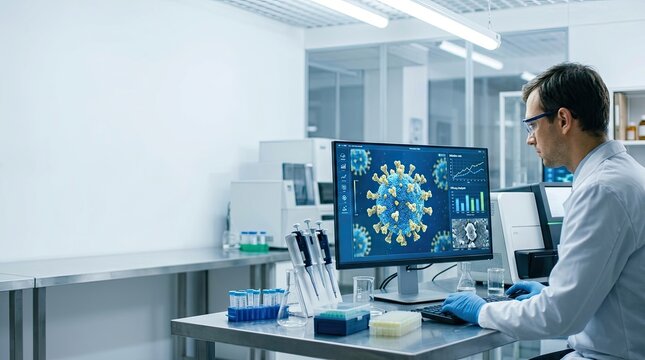 A scientist wearing a white lab coat and glasses intently analyzes data on a computer screen.