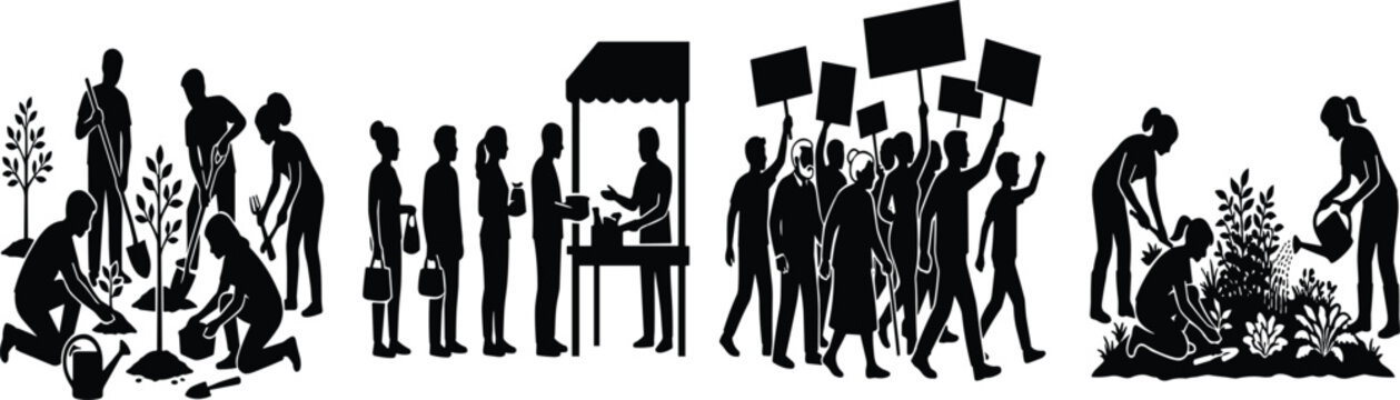 Community Activities Silhouette Set Featuring Gardening Tree Planting Street Market Queue and Public Protest Crowd