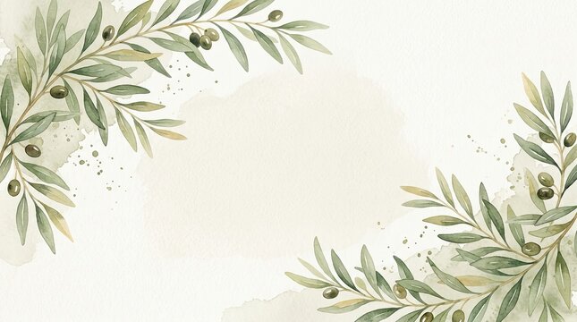 Watercolor olive branches frame a blank space. The olive branches are green with small olives.