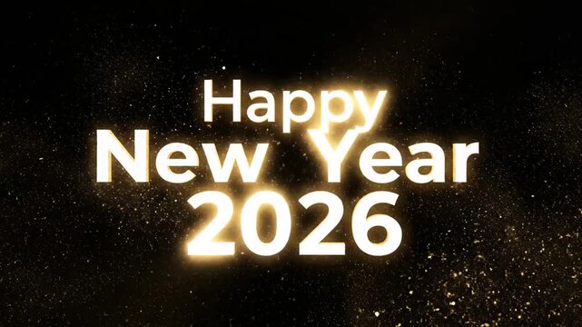 Golden text animation displaying "Happy New Year 2026" with sparkling effects against a black background, showcasing a festive celebration theme and vibrant visual appeal